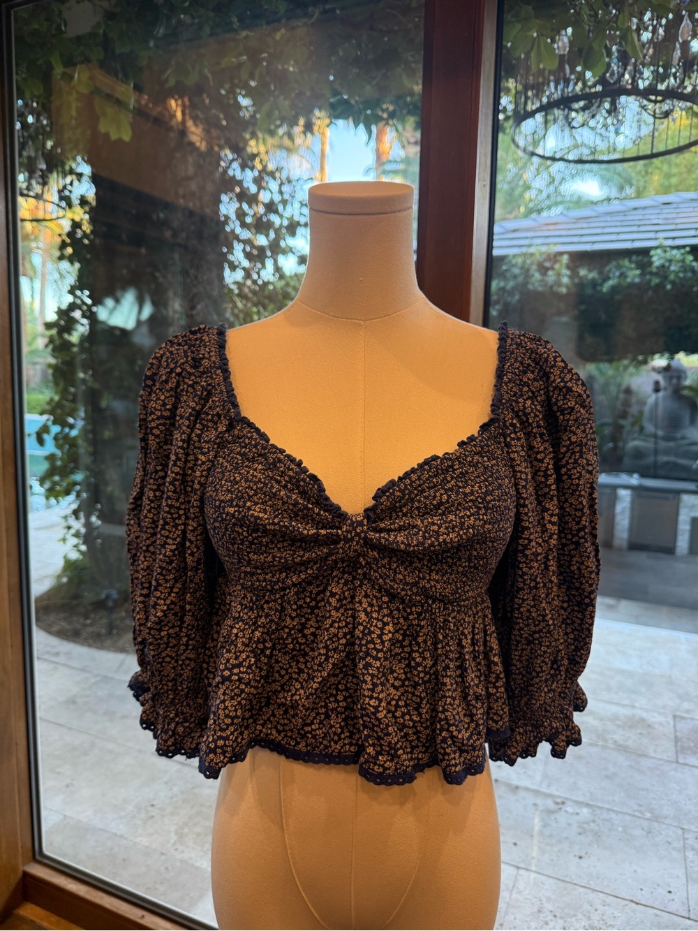 Free People Navy Black Floral Smocked Puff-Sleeve Crop Top